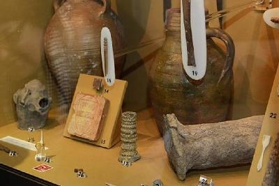 Medieval objects in a display case